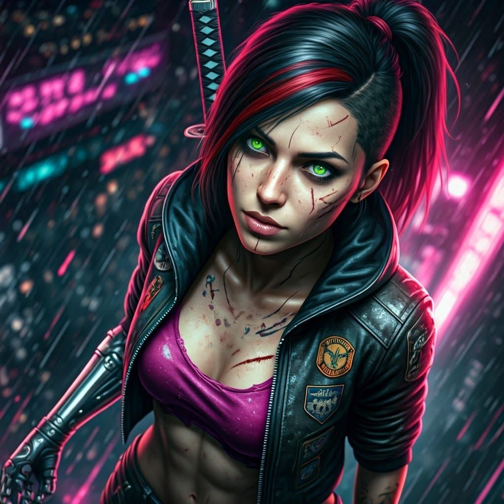 Fierce Female Anti-Hero in Cyberpunk Rainy Rooftop Portrait