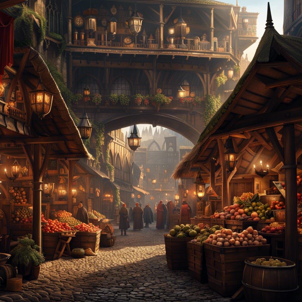 Vibrant Medieval Market Scene in Digital Matte Painting