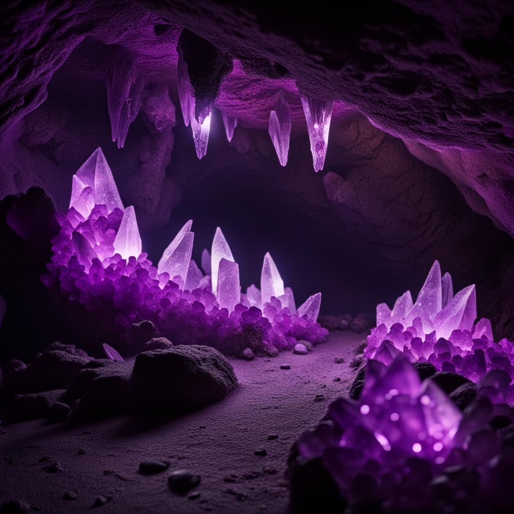 Glowing Purple Crystals in Dark Cave