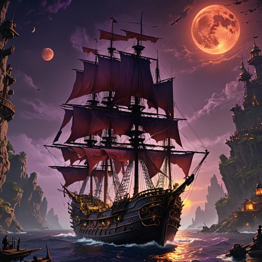 Blood-Red Moon Pirate Ship in Dark Fantasy Art