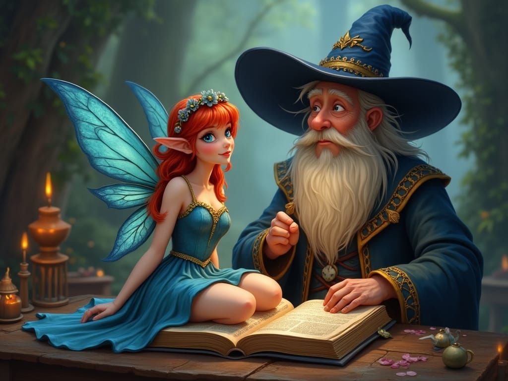 Whimsical Fairy and Wizard in Epic Fantasy Scene