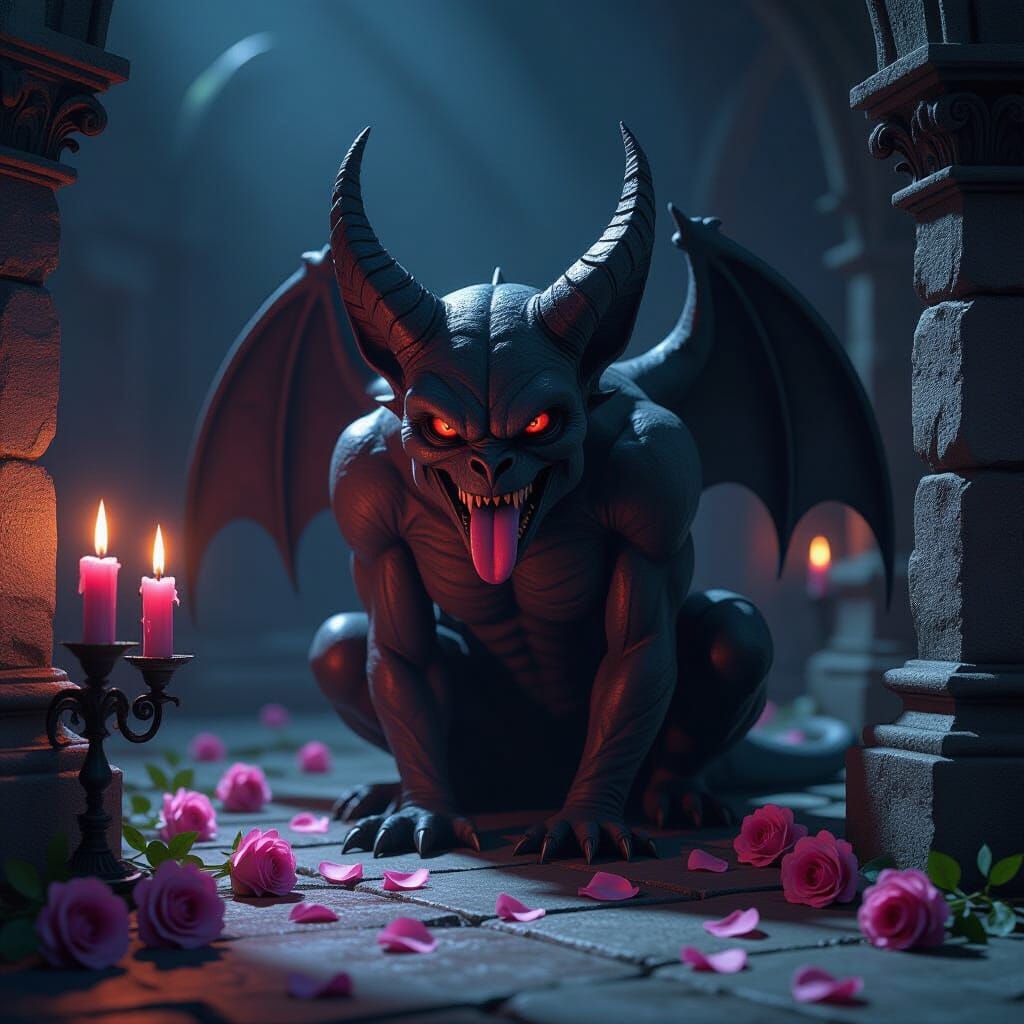 Gargoyle Statue in Candlelight with Pink Roses