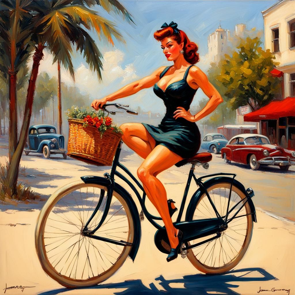 Pin-Up Girl on Bicycle in Oil Painting Style