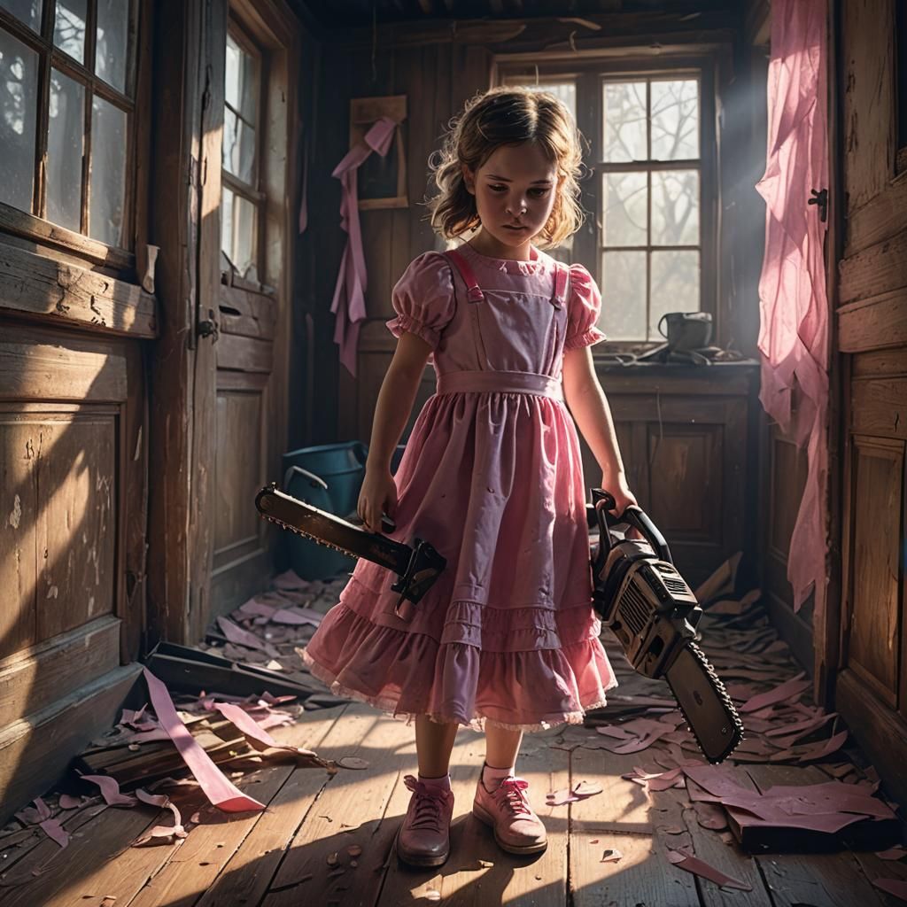 Little Girl with Chainsaw in Abandoned House