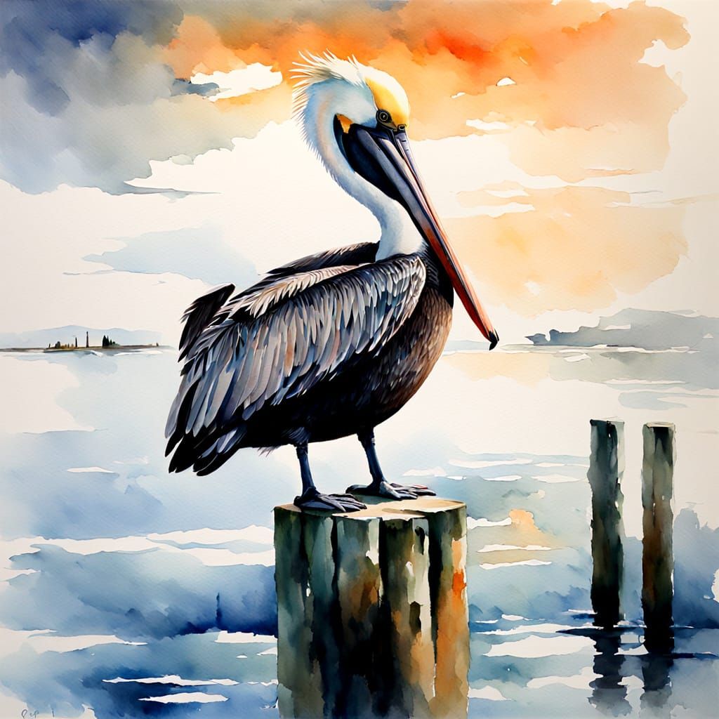 Pelican on Jetty Post, Loose Impressionistic Watercolor Pain...