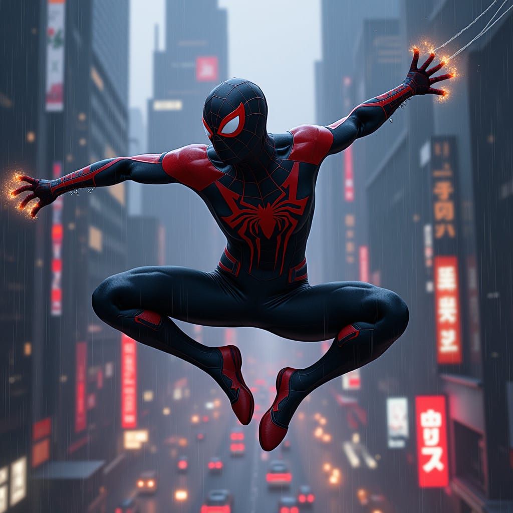 Cyberpunk Spider Man Swings Through Futuristic Cityscapes