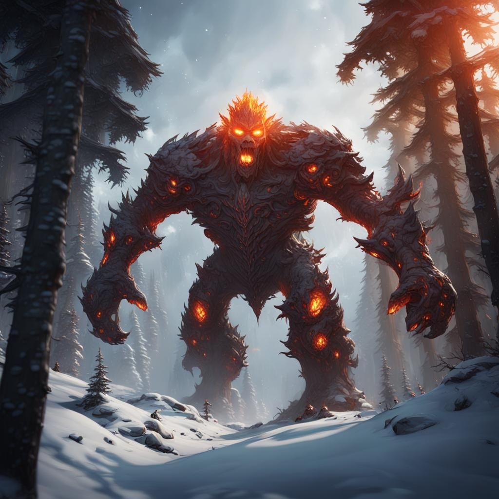 Fire Golem Gliding in Snowy Forest