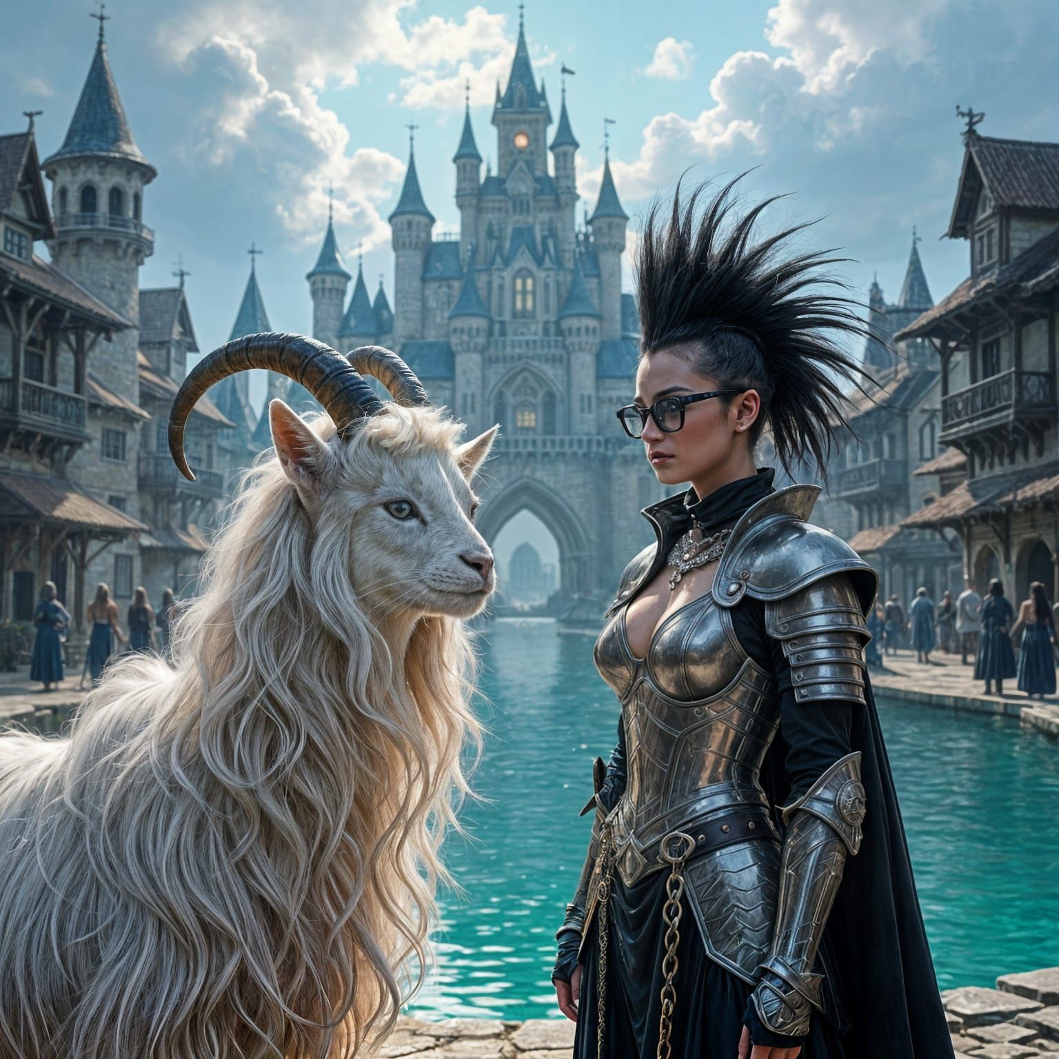 Medieval Castle Scene With Goat, Mohawk Cat, and Warrior Wom...