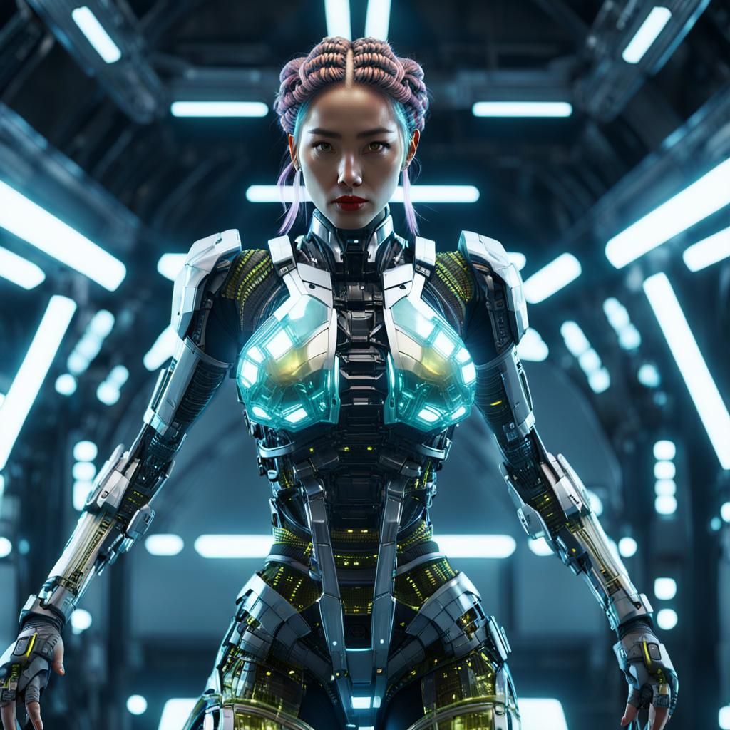 Woman in Luminous Mech Suit: Cyberpunk Samurai