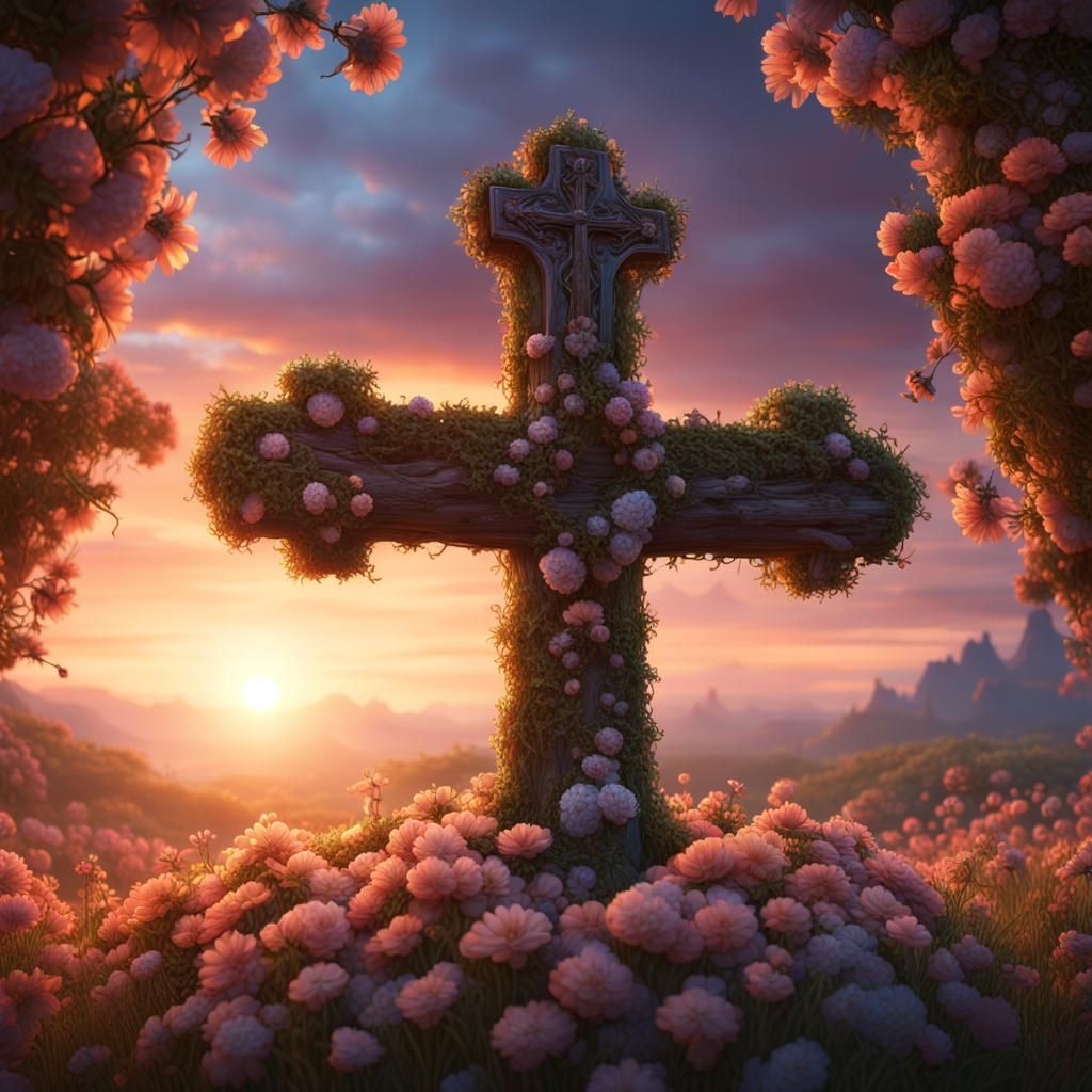 Floral Cross Sunset: Detailed Matte Painting