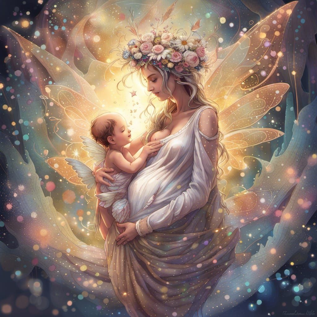Fairy Goddess with Baby in Splatter Art Style