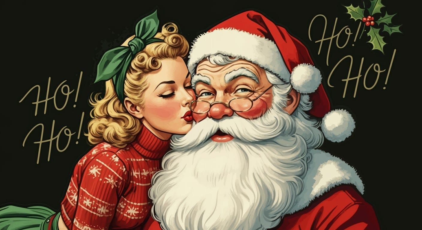 Retro Pin-Up Girl Kisses Santa, Vintage Style