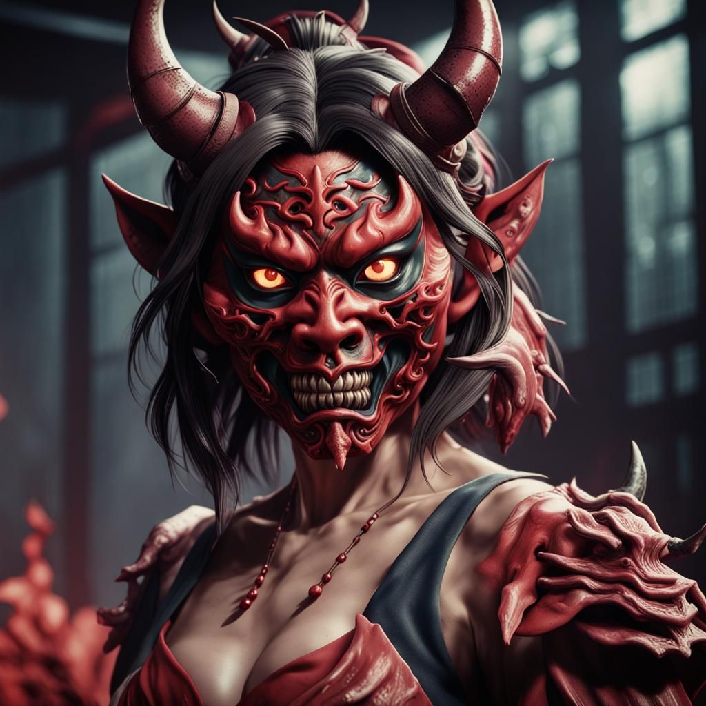 Demonic Oni Masked Woman: Detailed Fantasy Art