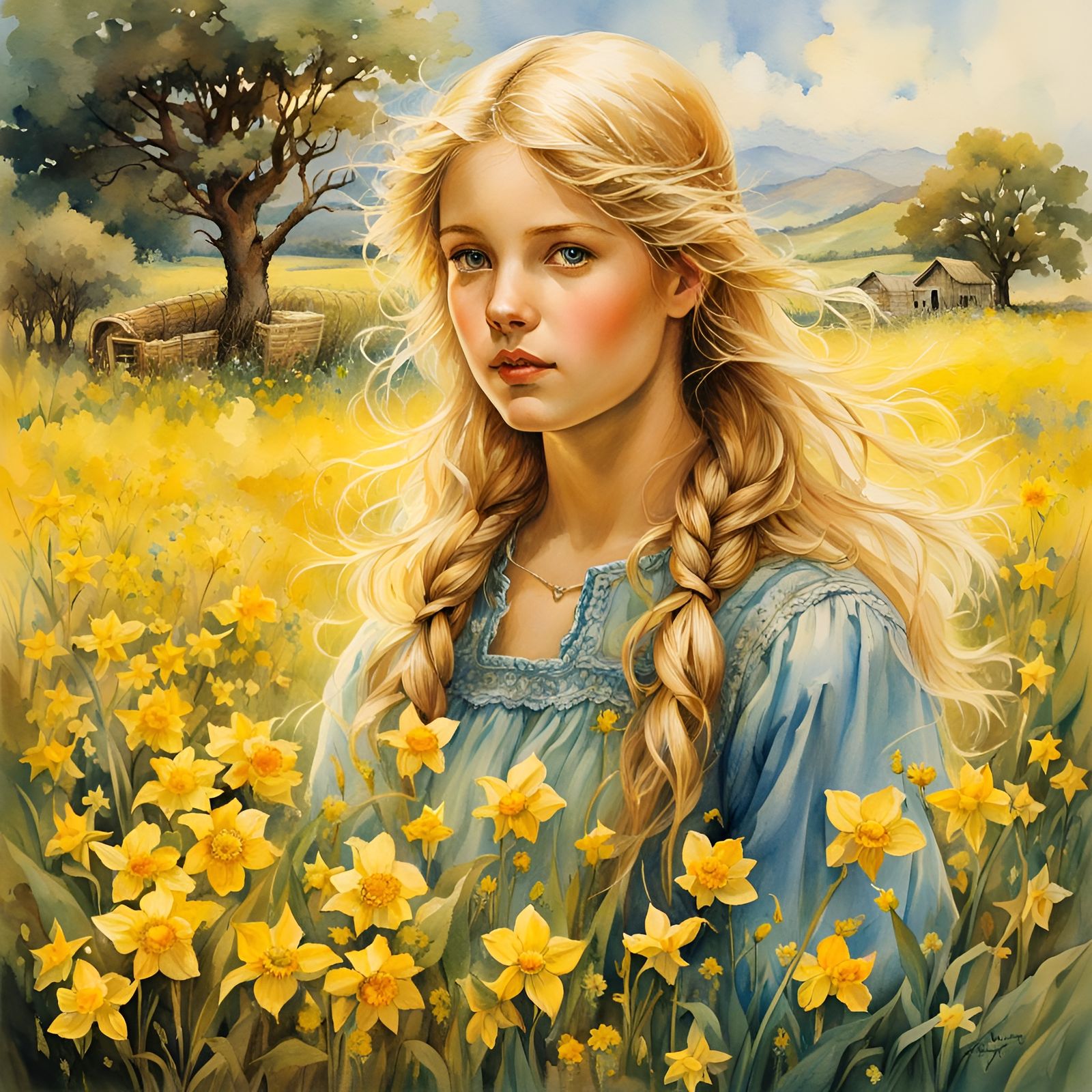 Blond Girl in Yellow Flower Field Watercolor