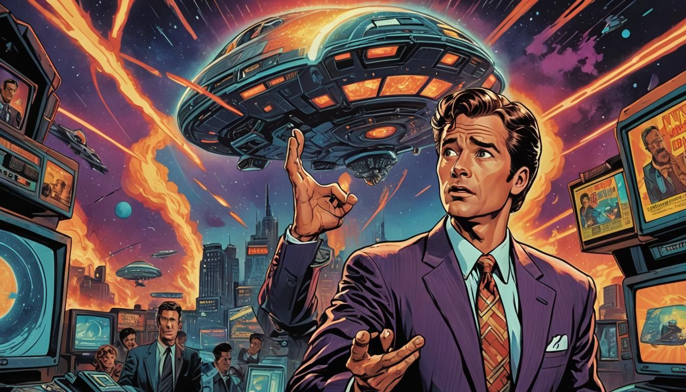 Shocked Anchor with UFO Ad in Retro Comic Art