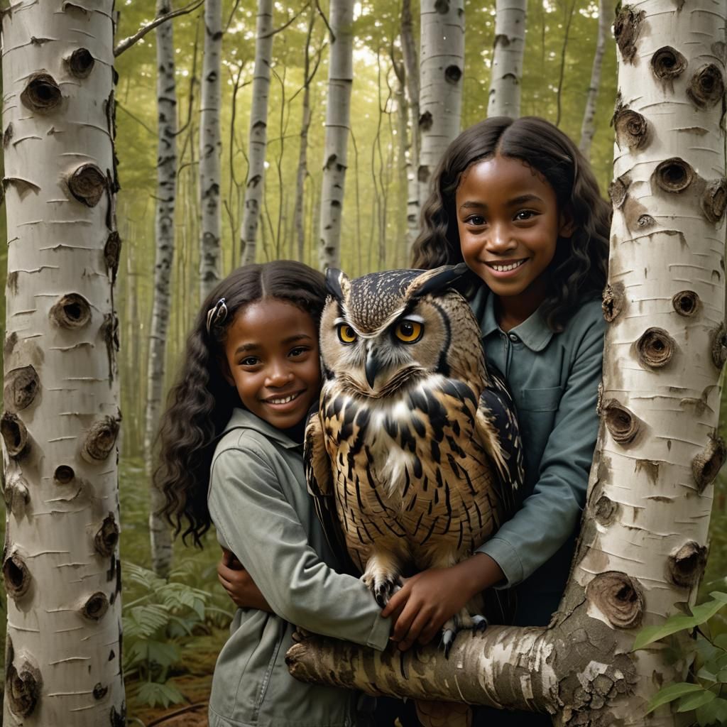Girls Hugging Giant Owl in Birch Forest