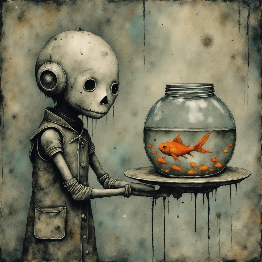 Cute Robot Holding a Fishbowl