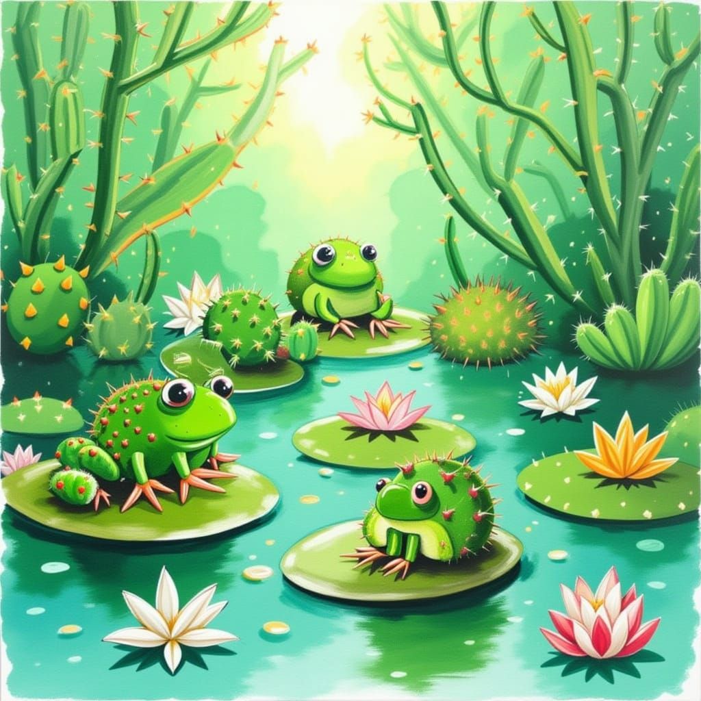 Whimsical Watercolor Frogs on Lilypads in Sunny Pond
