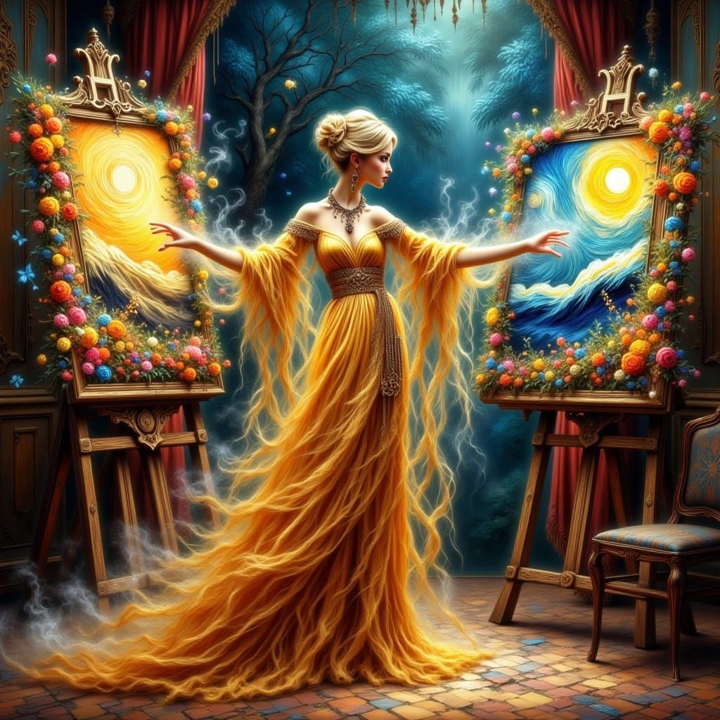 Regal Woman Creates Art in Opulent Studio, Art Nouveau Style