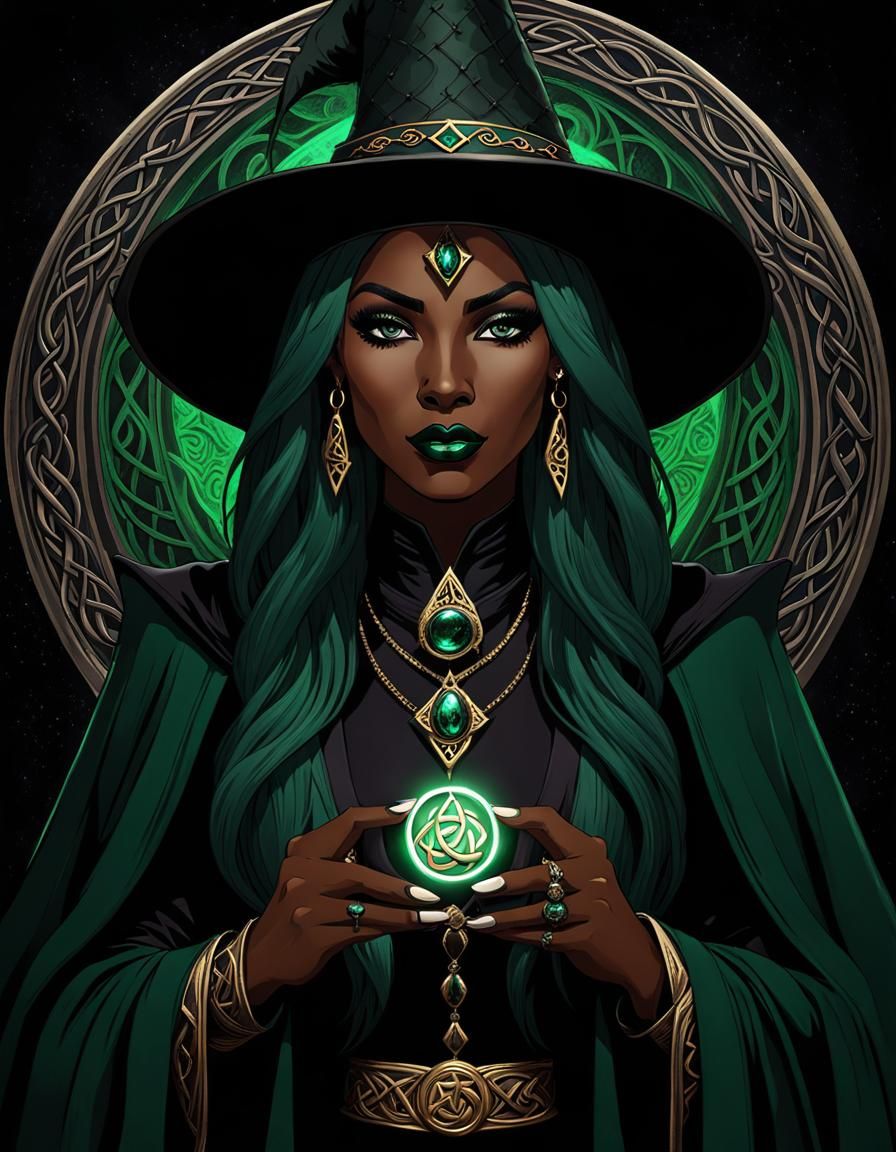 Dark Witch Portrait with Celtic Symbols in Gothic Style