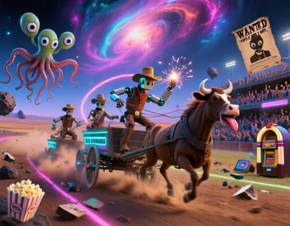 Robot Cowboys Race Alien Steeds in Nebula Rodeo