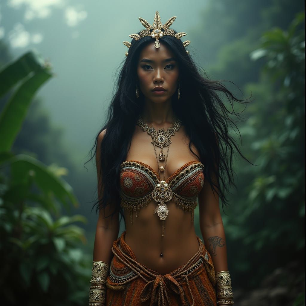 Ancient Polynesian Goddess in Tapa Cloth Regalia