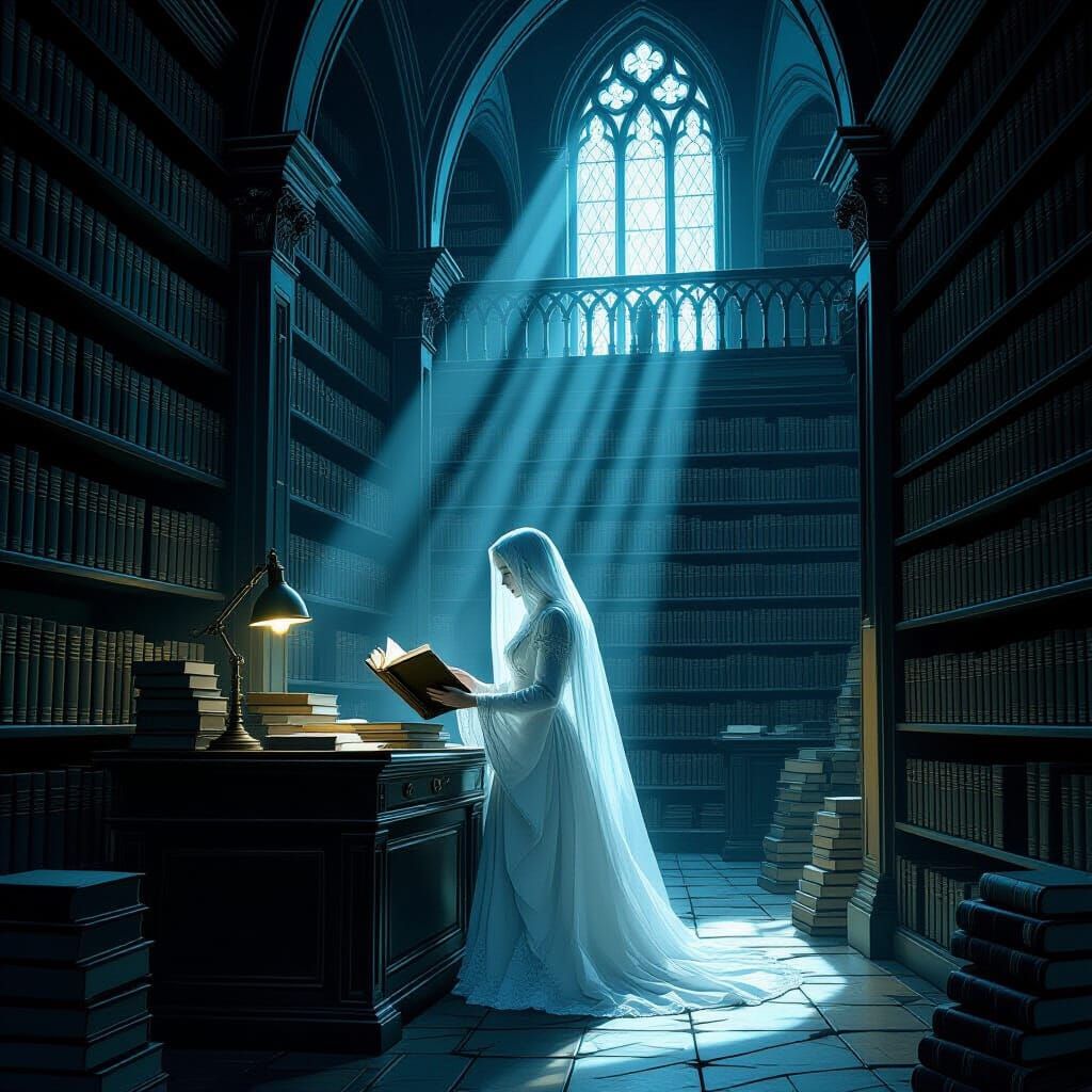 Spectral Librarian in Gothic Library, Dark Academia Style