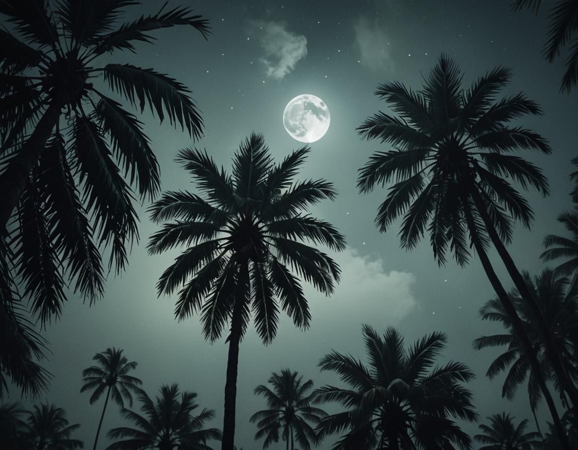 Moonlit Palm Forest at Night: Cinematic Film Still