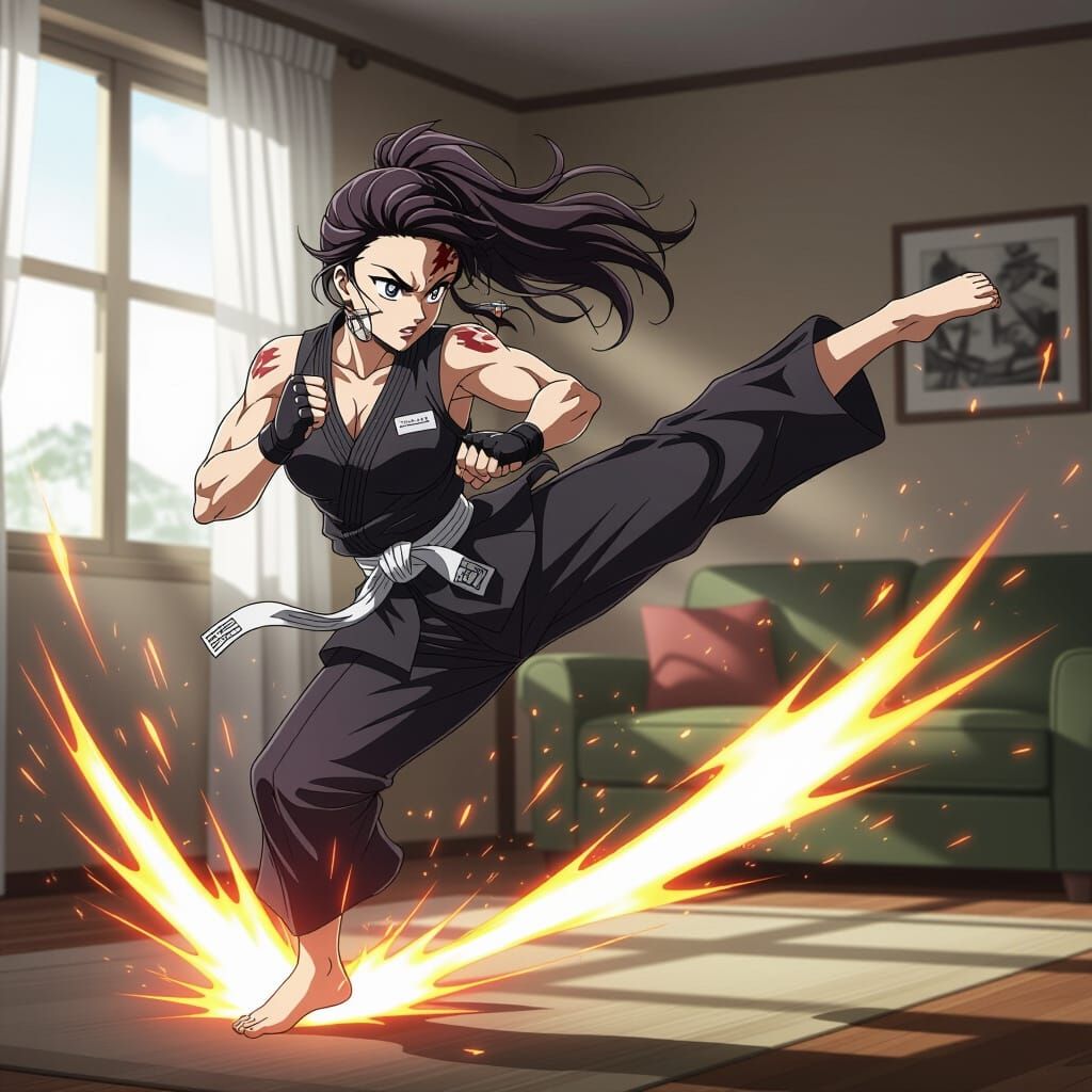 Muscular Woman's Dynamic Karate Kick in Living Room