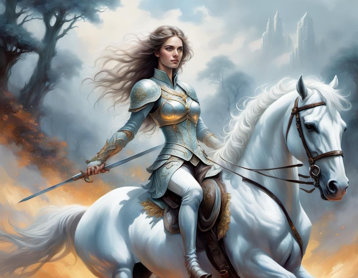 Ethereal Woman in Battle Dress on Horse