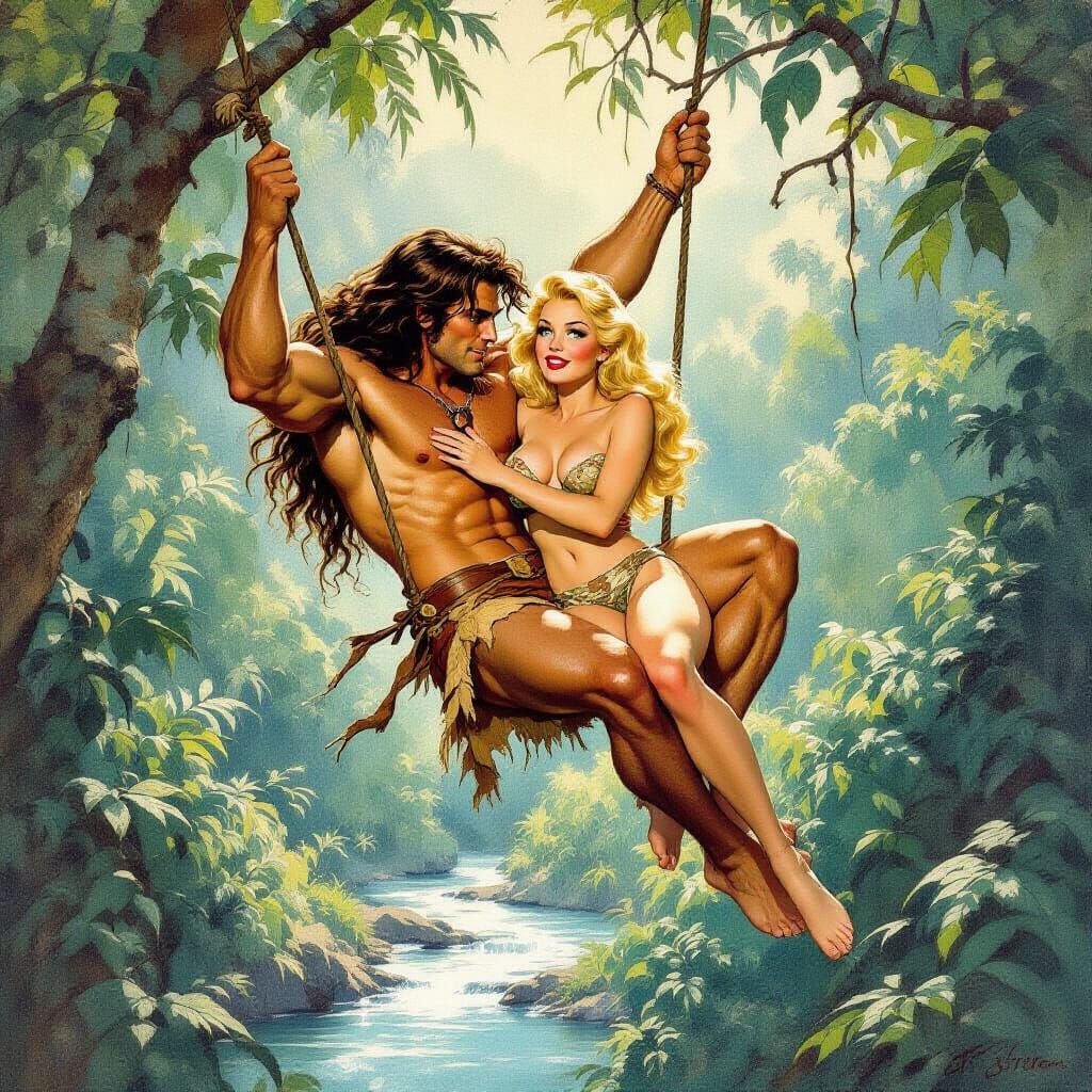 Tarzan and Jane in Retro Watercolor Jungle