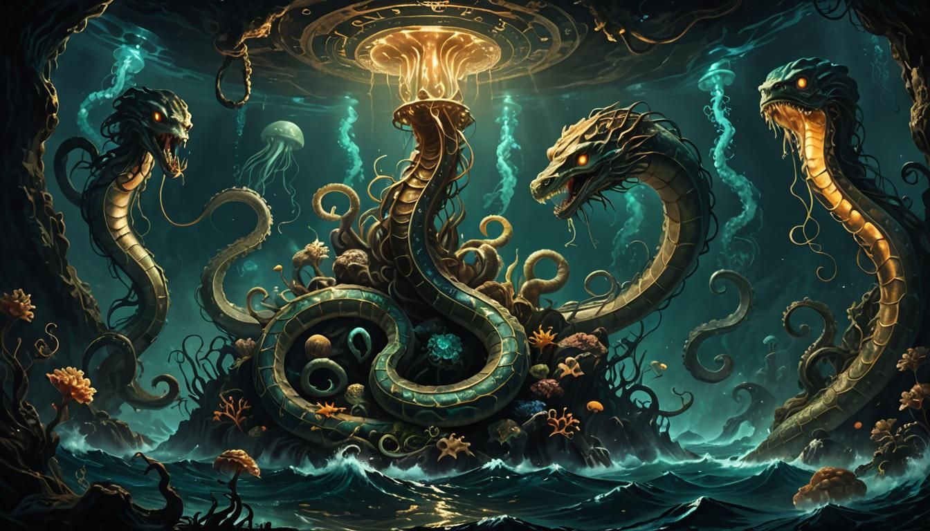 Multi-Headed Serpent Guarding Treasures: Parchment Painting