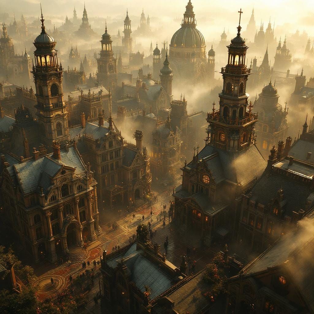 Hazy Victorian Town Aerial View in Golden Light