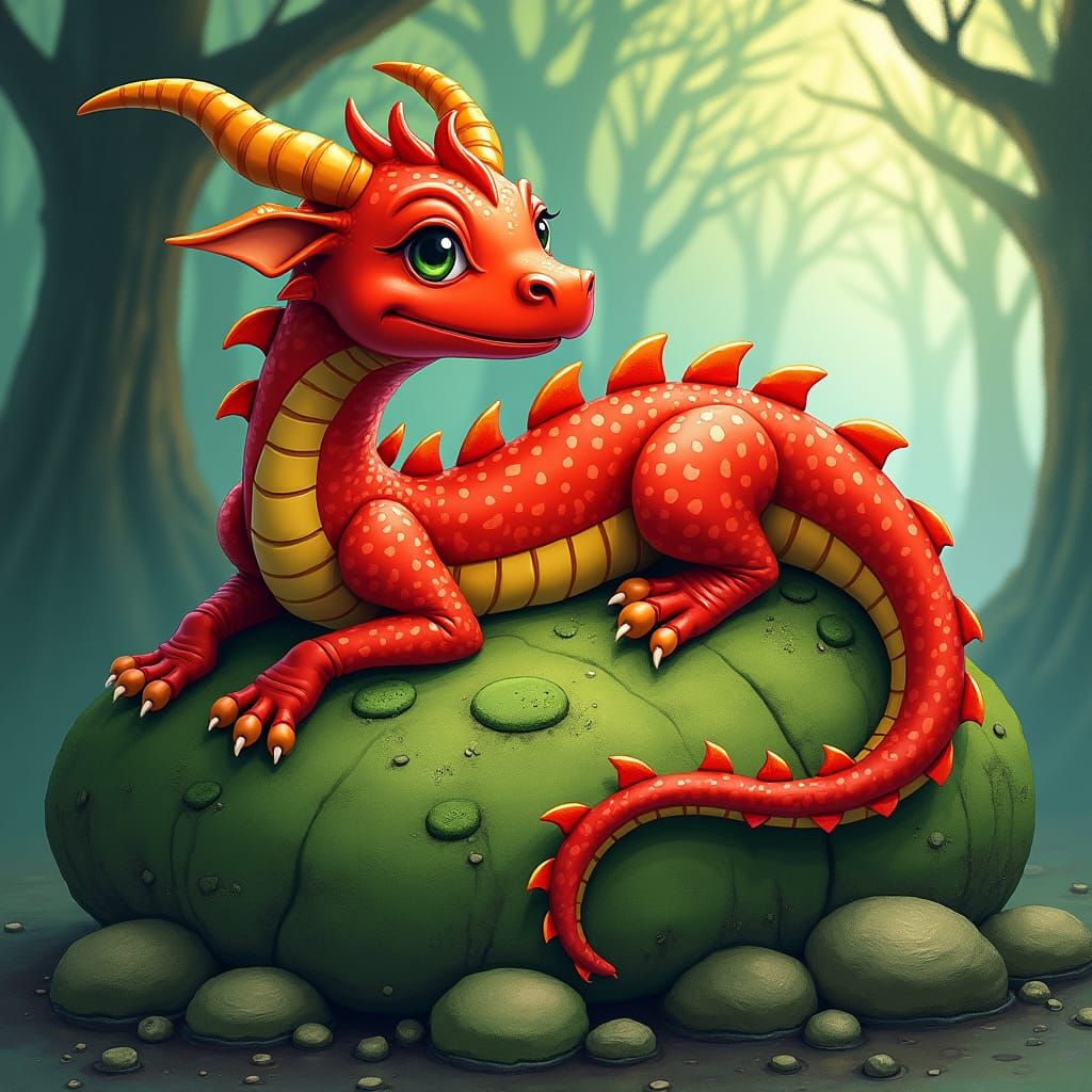 Red Dragon on Mossy Rock in Storybook Style