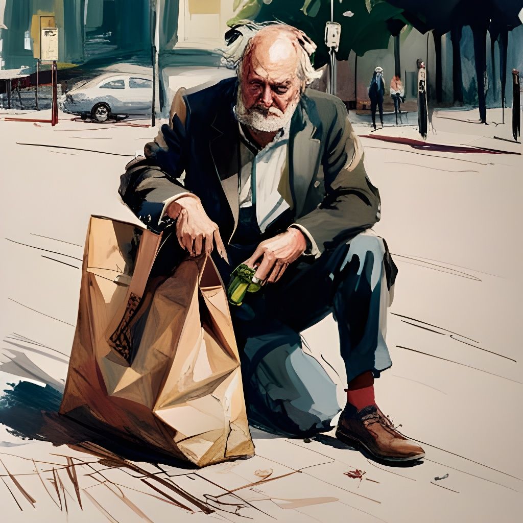 Grandpa with Wine Bag on City Street