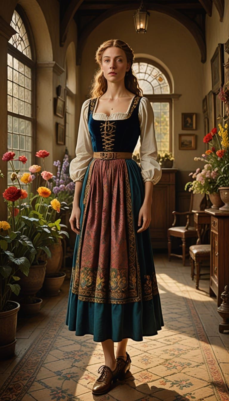 German Woman in Traditional Dirndl Embroidered with Intricat...