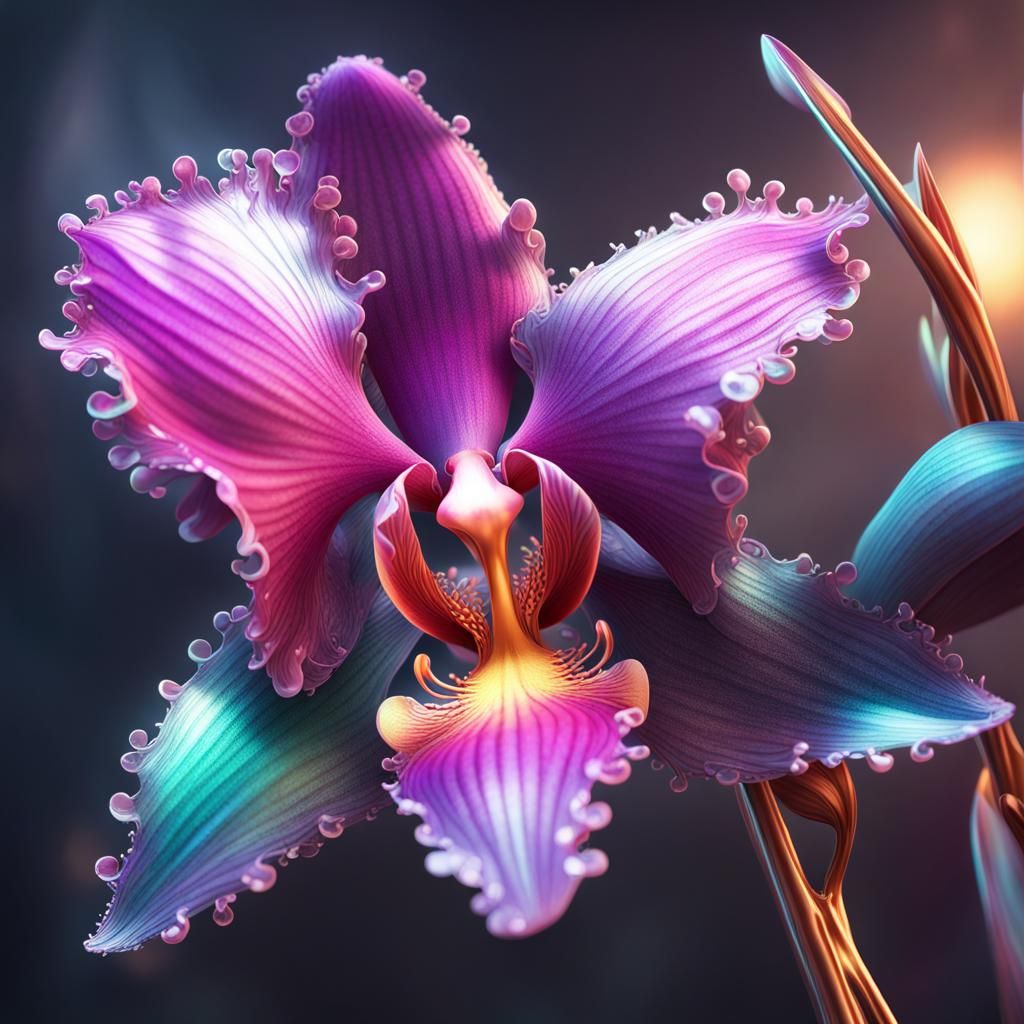 Iridescent Titanium Orchid Flower in Digital Art Style