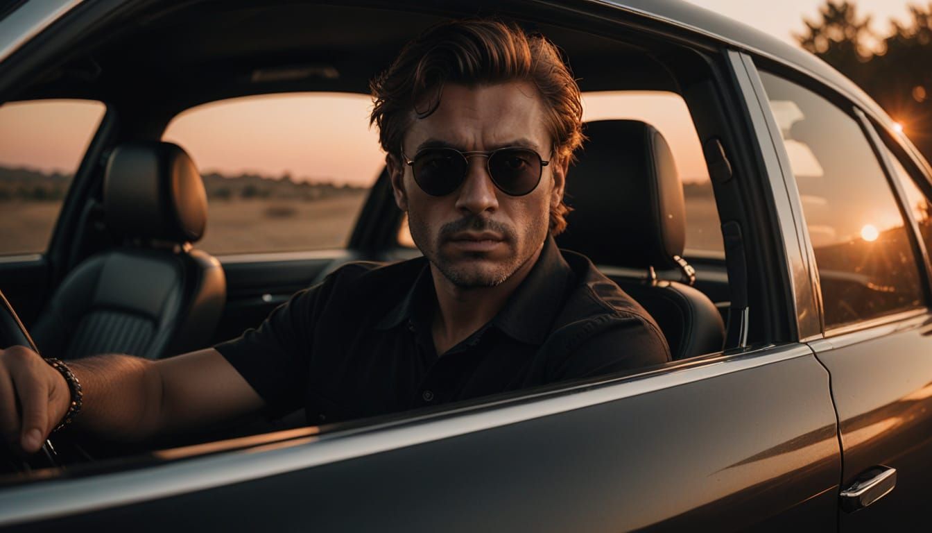 Man Relaxed in Luxury Car Window at Golden Hour