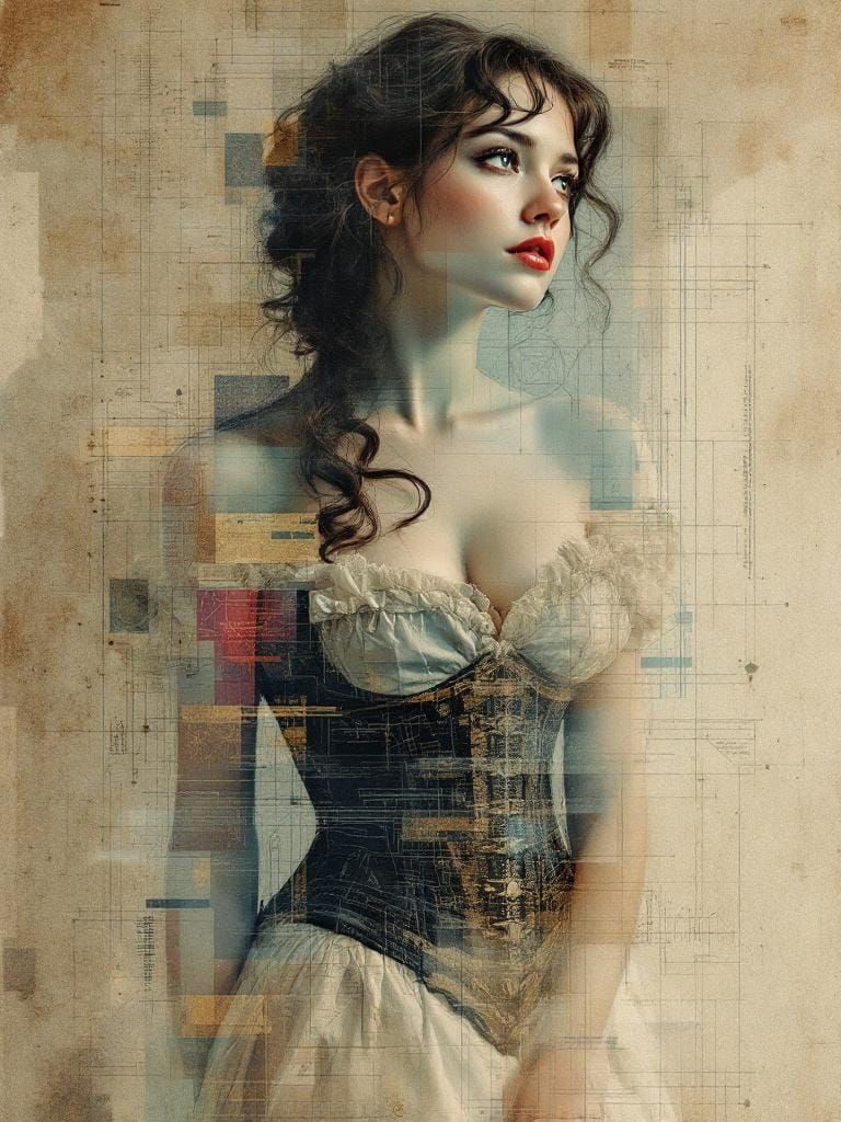 Brunette Pin-Up Fusion: Dürer, Glitch Art, Mucha