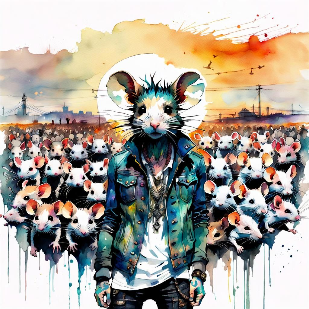 Punk Mice in Watercolor Fantasy Landscape