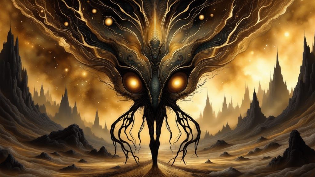 Mesmerizing Alien in Metallic Gold Foil Artwork