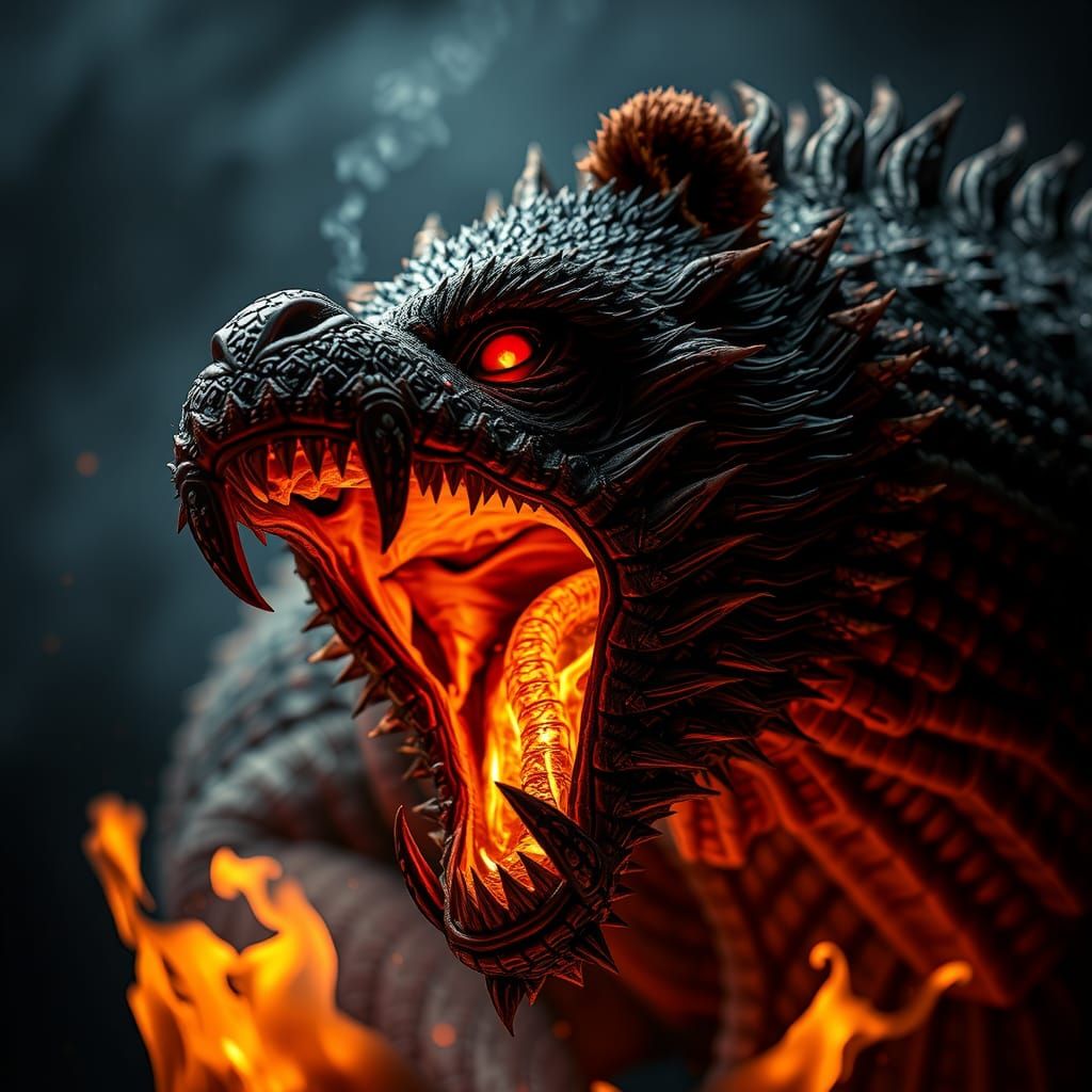 Detailed Bear-Dragon Microphotograph in Elemental Darkness