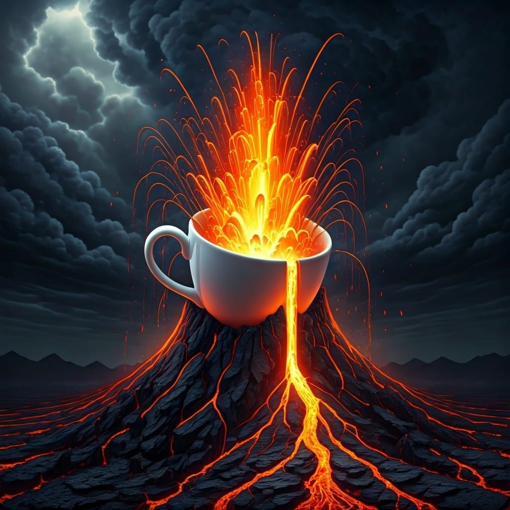 Coffee Cup Volcano Eruption in a Surreal Style