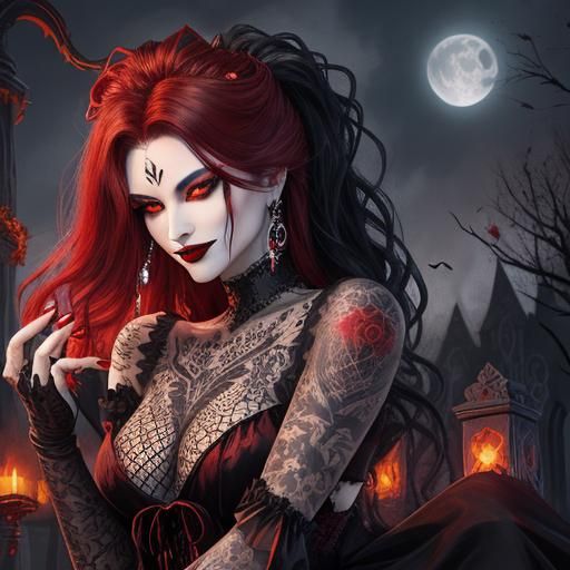 An enchantingly beautiful, venomous female vampire with blood- red lips and silky hair flowing in the breeze, clad in ...