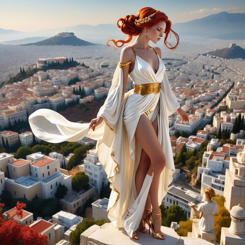 Deity Gazing Upon Athens in Art Nouveau Style