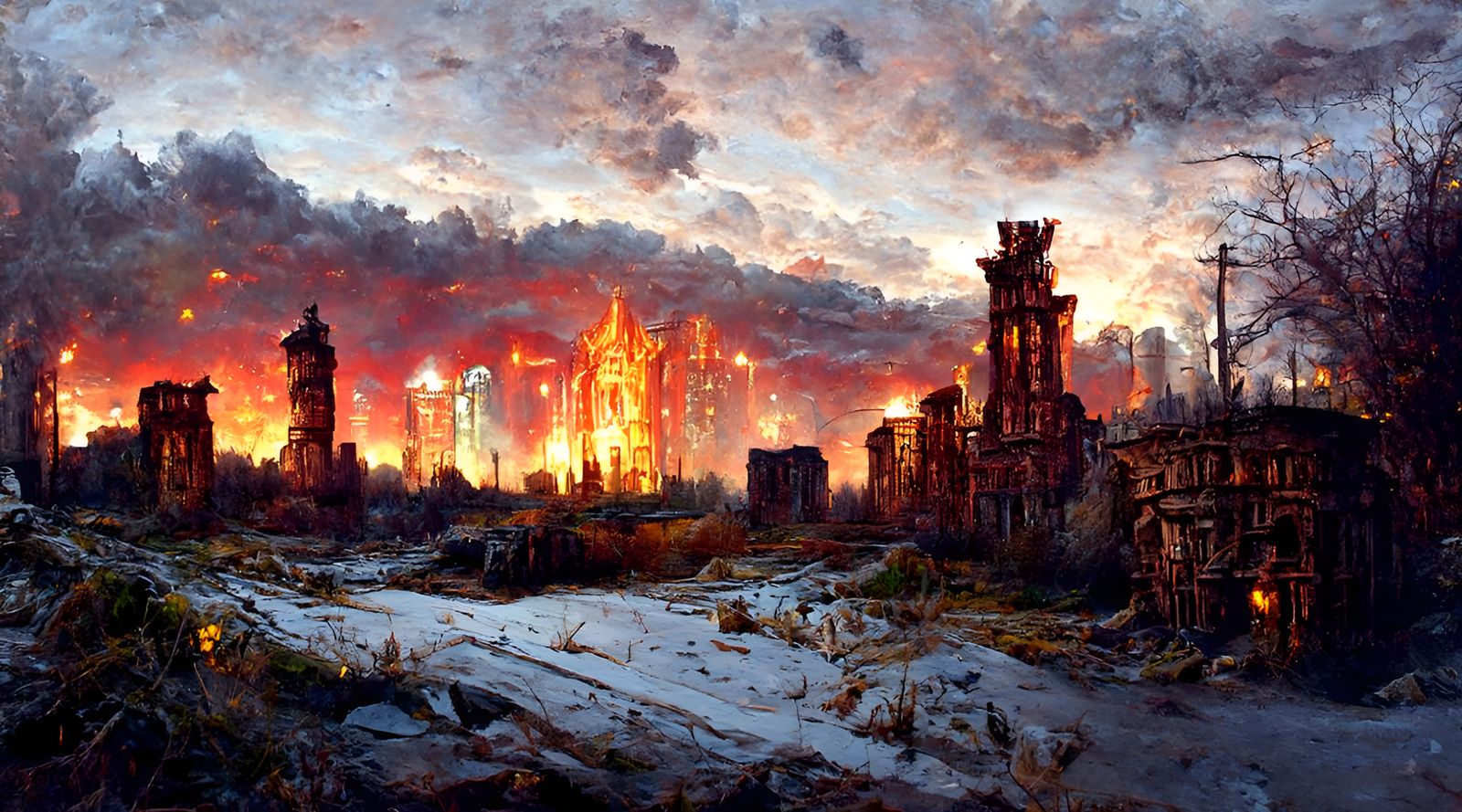 Detailed Post-Apocalyptic Cityscape with Fire in Digital Art