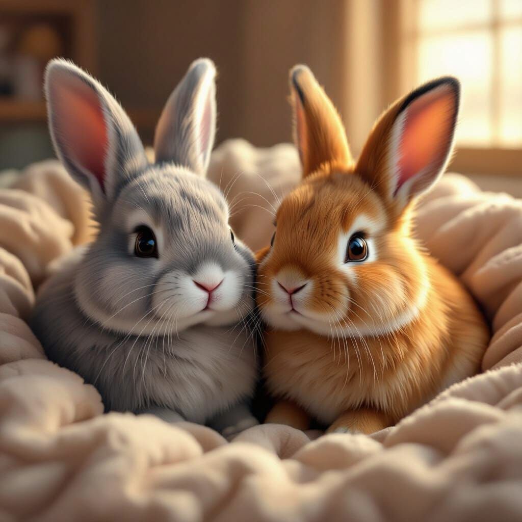 Cozy Anime Lionhead Rabbits in Warm Style