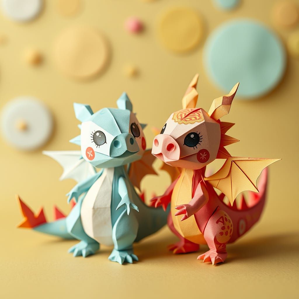 Origami Bubble Bobble Dragons in Kawaii Style