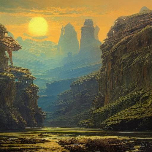 Exotic Alien Planet Landscape in Oil Painting Style