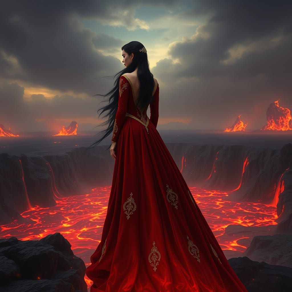 Regal Princess Amidst Lava Landscape in Dreamlike Fantasy Ar...